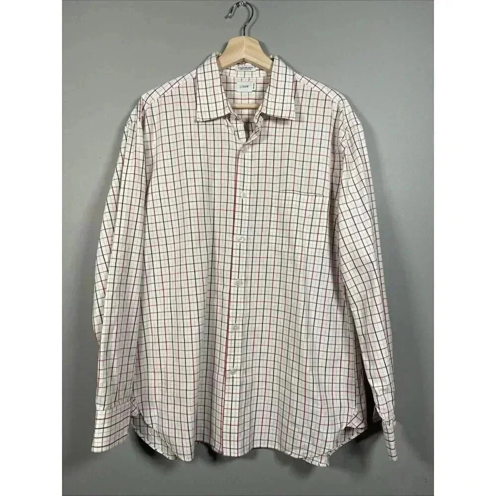 J Crew 80s 2 Ply Cotton‎ Long Sleeve Button Up Plaid Red Shirt Men L 16-16-/12